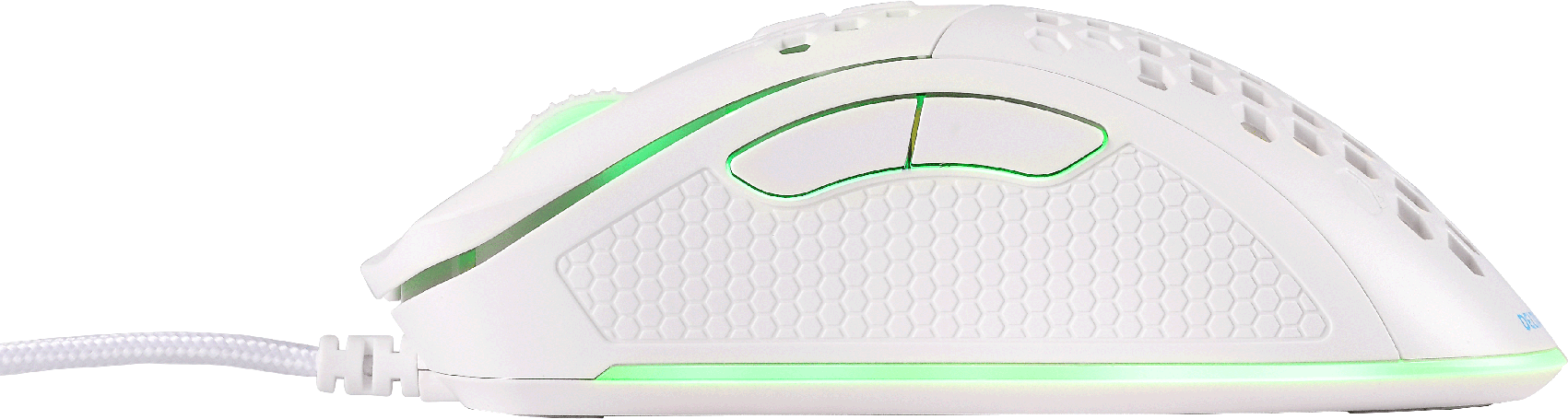 Mouse da gaming bianco con luci verdi e design a nido d'ape. Due pulsanti visibili sopra.