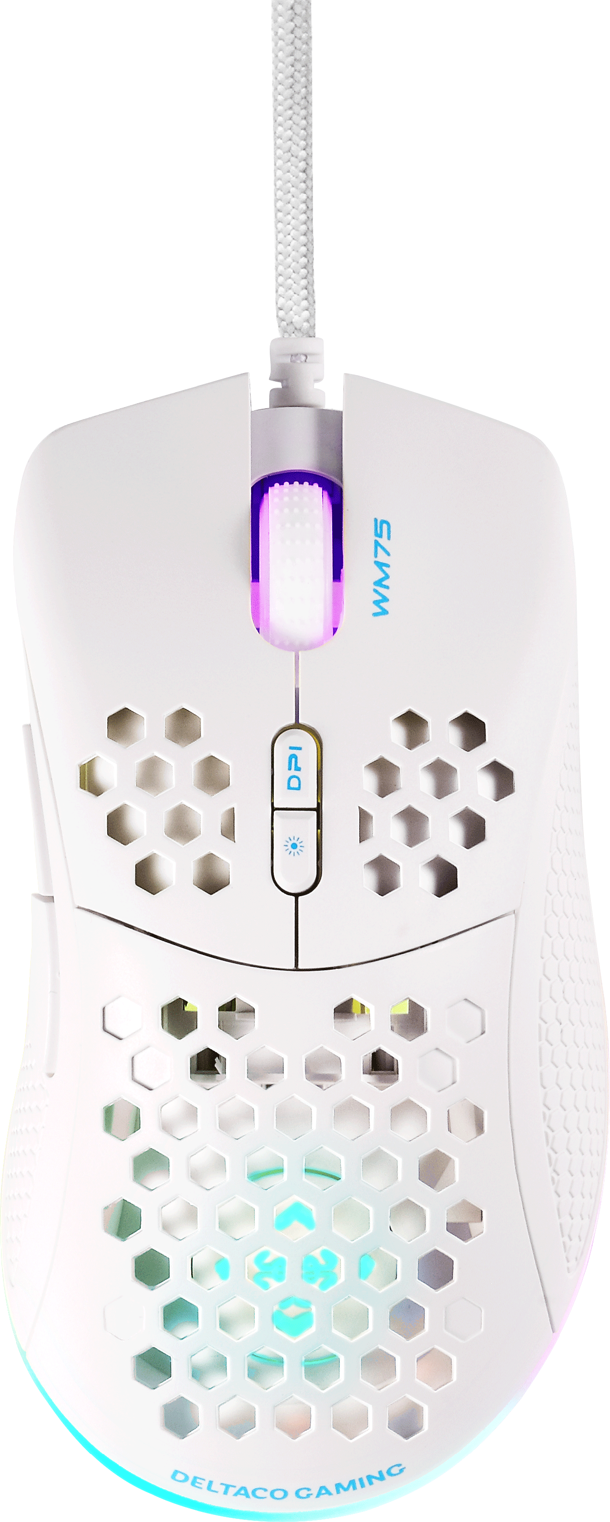 Mouse da gaming bianco con design a nido d'ape. Luce blu e viola. Logo DeltaCo Gaming.
