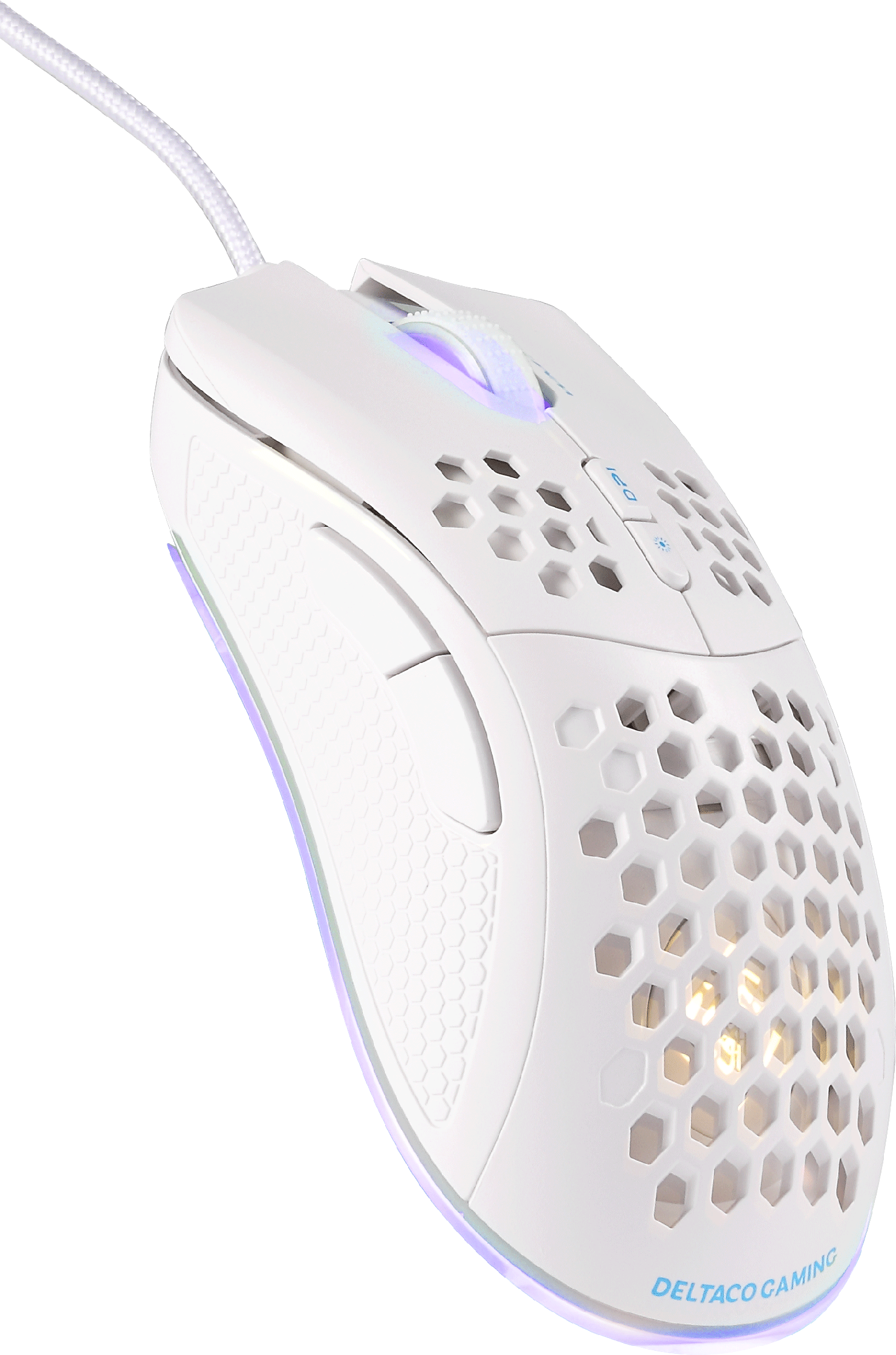 Un mouse da gioco bianco con design a nido d'ape e illuminazione RGB.