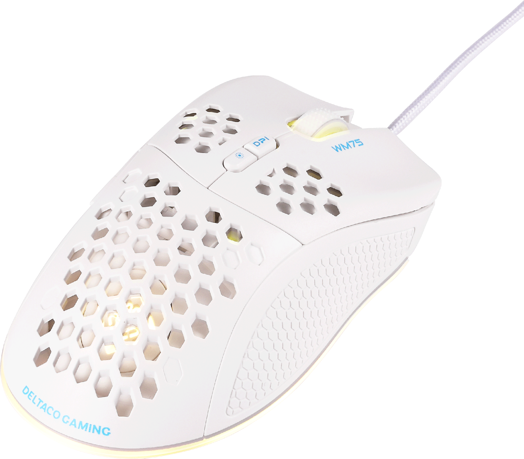 Mouse da gaming bianco con design a nido d'ape e logo Deltaco Gaming, con pulsante DPI e rotella.