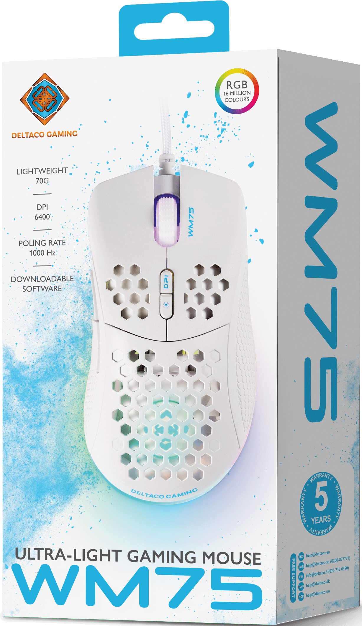 Un mouse da gioco bianco con illuminazione RGB, design a nido d'ape e il testo 'WM75' sulla scatola.