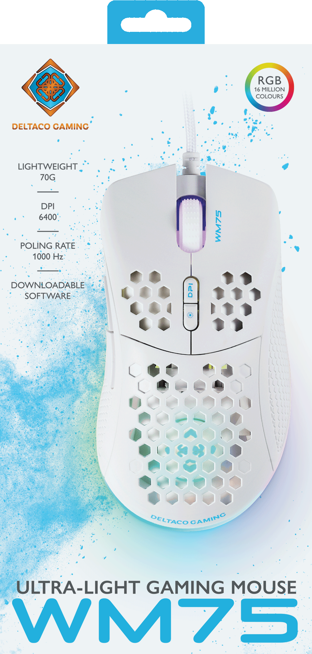 Mouse da gioco bianco con design a nido d'ape e RGB. Il mouse ha pulsanti e un logo Deltaco.