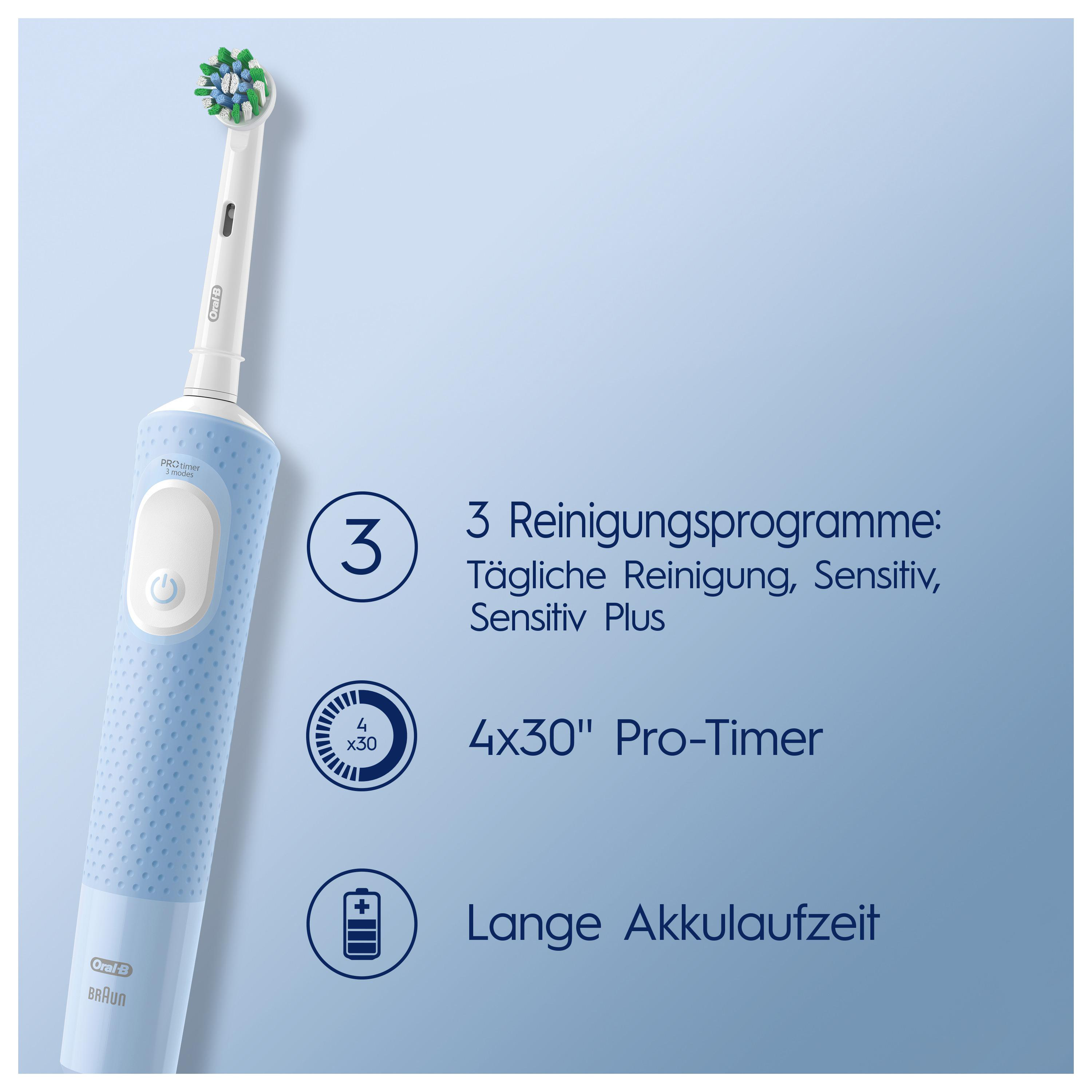 Blaue elektrische Zahnbürste von Oral-B. Infografik mit Text und Symbolen. Weißer Hintergrund.