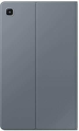 Etui na tablet jest szare z obiektywem aparatu. Okładka jest rozłożona.