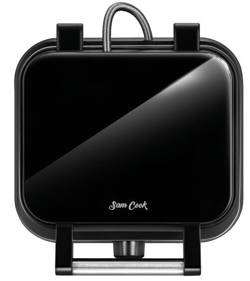 Czarny opiekacz do kanapek. Widok z góry, błyszcząca czarna powierzchnia. Srebrny uchwyt i widoczna nazwa marki.