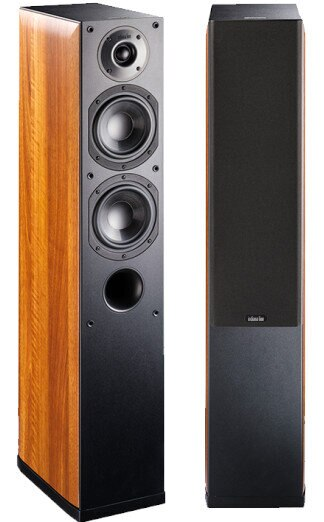 Dwa wysokie głośniki z drewnianym i czarnym wykończeniem, stojące obok siebie.