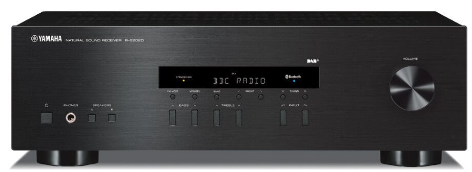 Czarny odbiornik stereo z wyświetlaczem i przyciskami.