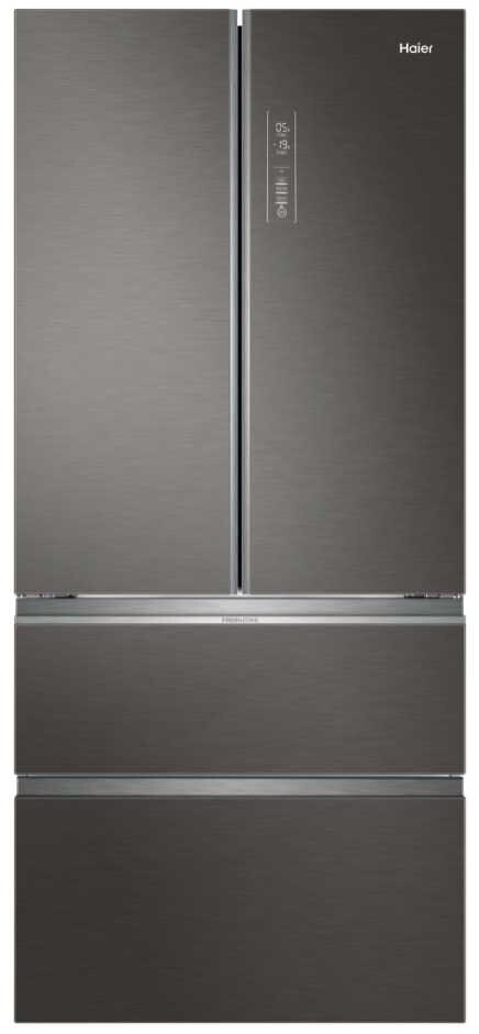 Lodówka z trzema drzwiami, ciemnoszary kolor, zamknięta, na białym tle.