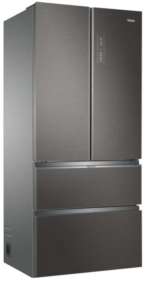 Ciemnoszara lodówka Haier z trzema drzwiami.