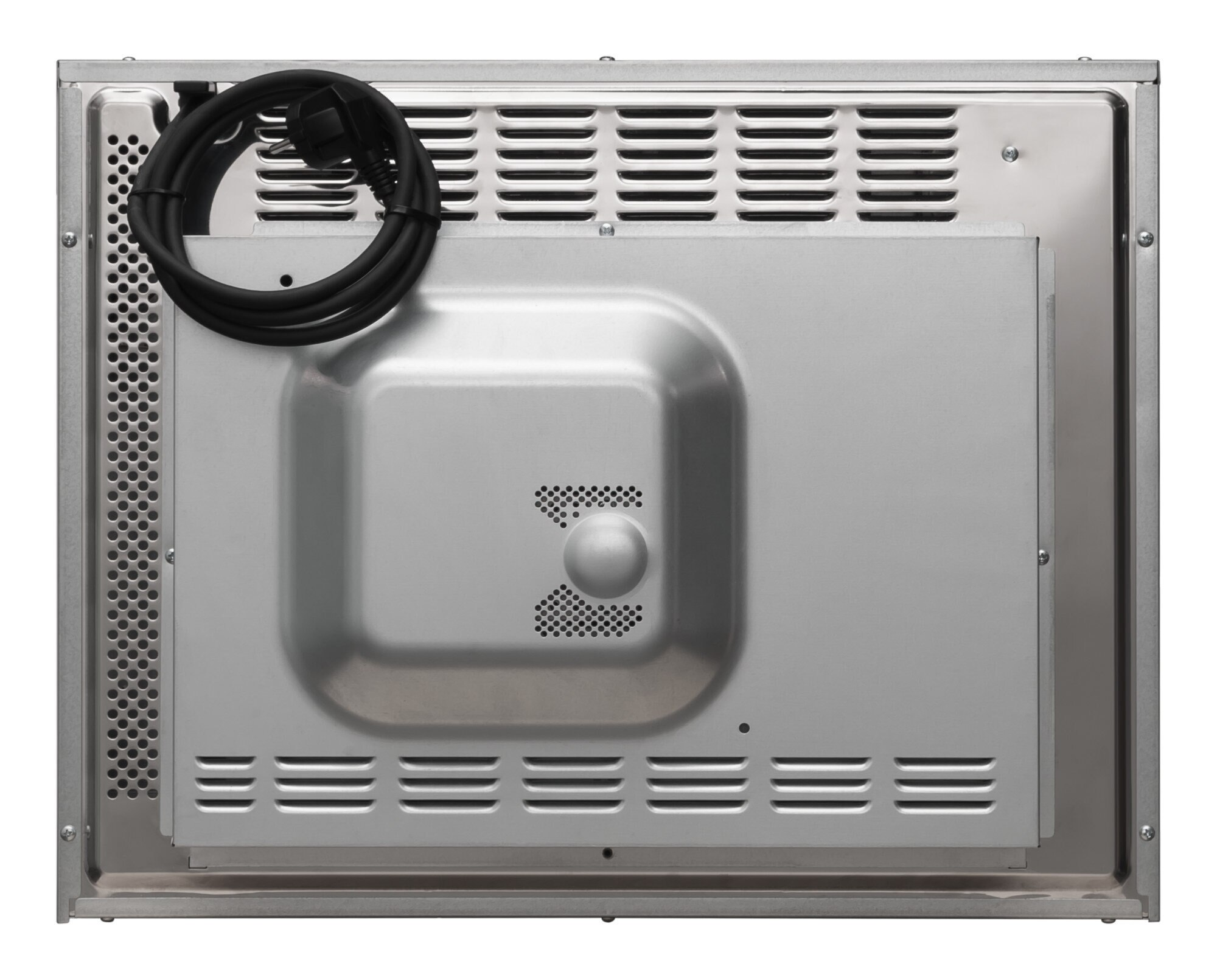 Tył srebrnej kuchenki mikrofalowej, z kratkami wentylacyjnymi, małym panelem i czarnym kablem zasilającym.