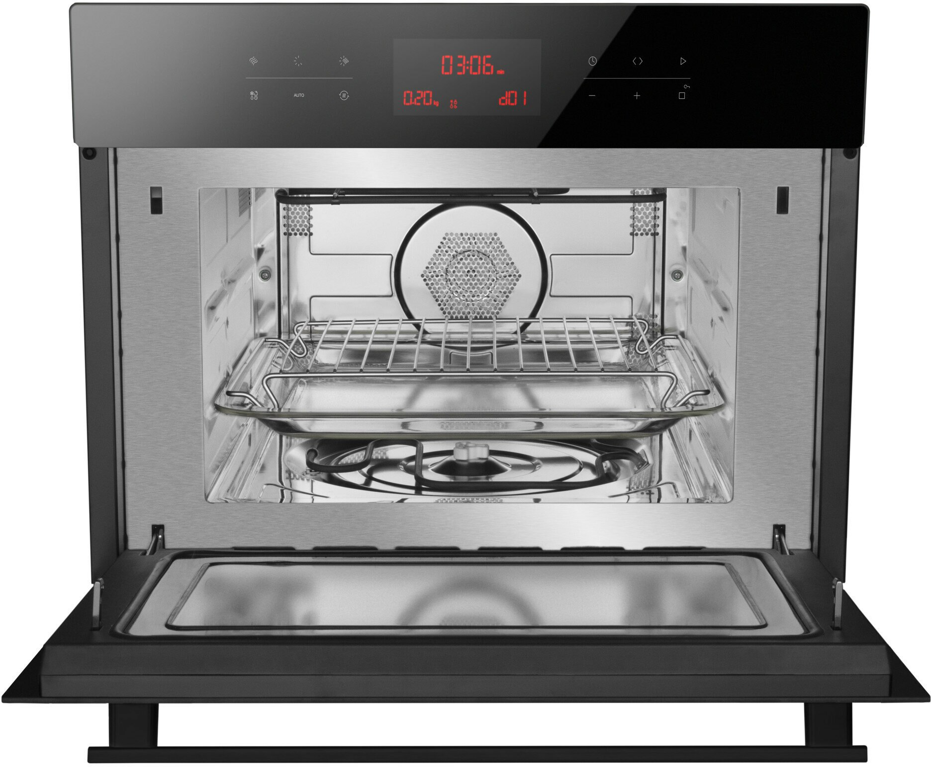 Czarna kuchenka mikrofalowa z otwartymi drzwiami, pokazująca szczegóły wnętrza.