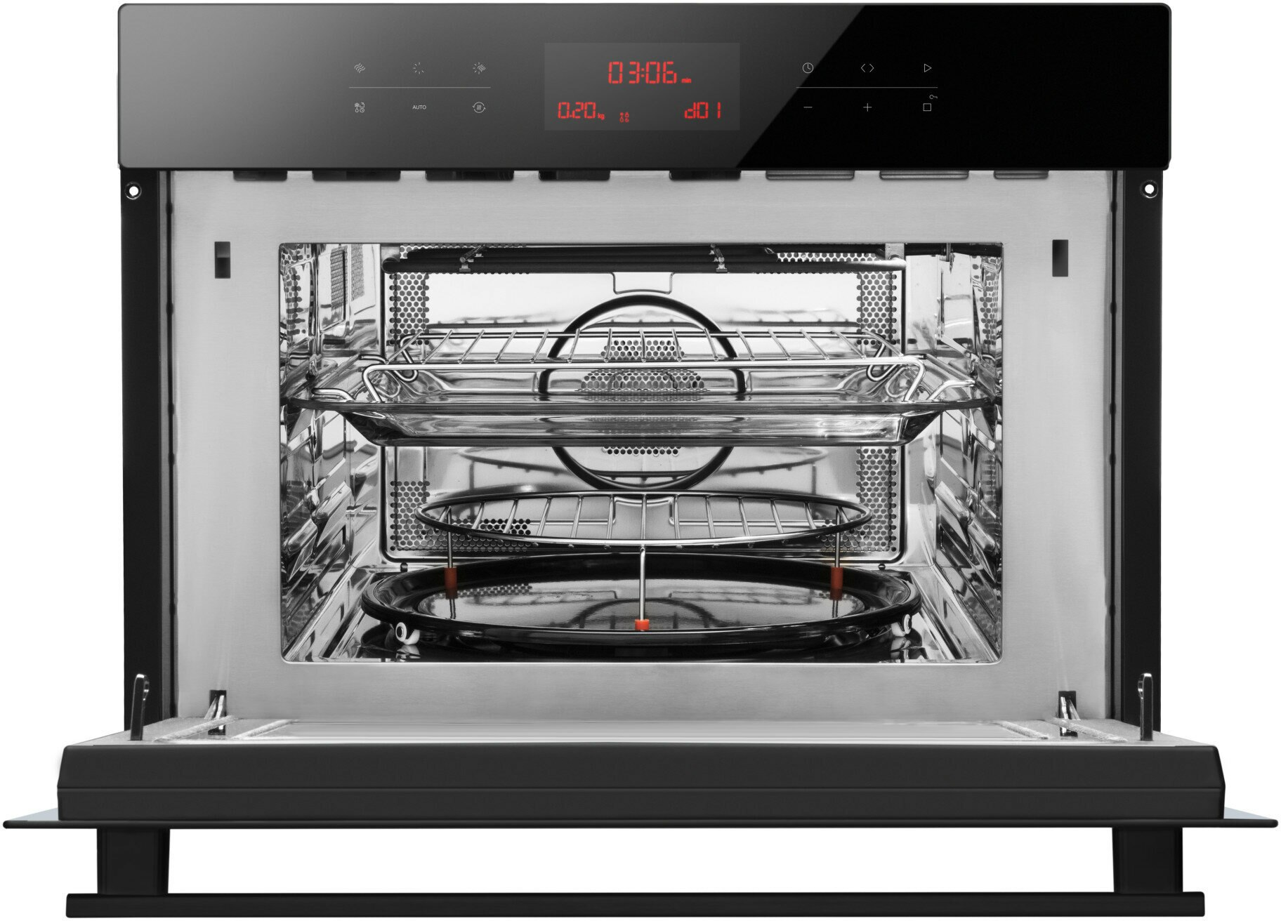Otwarty piekarnik mikrofalowy z tacami i zegarem cyfrowym. Wnętrze jest widoczne.