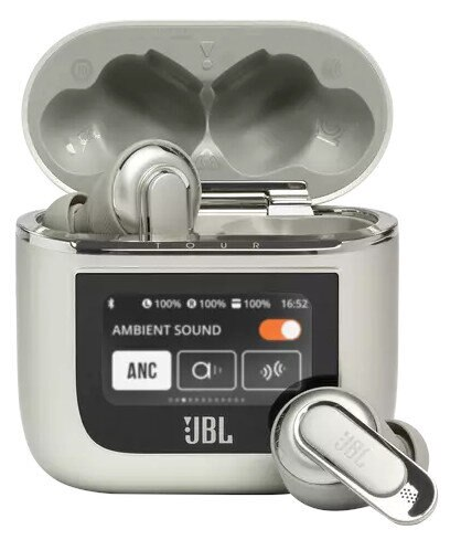 Srebrne słuchawki JBL z otwartym etui ładującym i ekranem dotykowym.