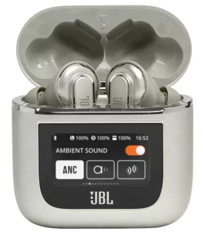 Srebrne słuchawki JBL w etui ładującym z ekranem, ANC włączone.