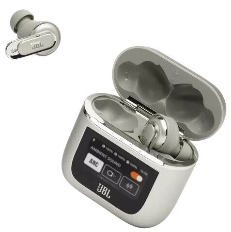 Szare słuchawki JBL w srebrnym etui ładującym z ekranem.