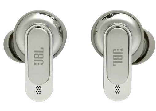 Dwa srebrne słuchawki JBL z mikrofonami na białym tle.