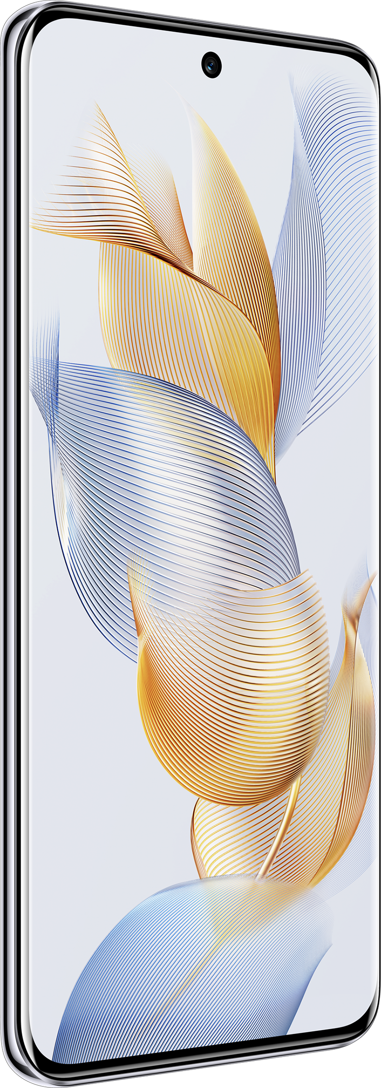 Egy okostelefon ívelt képernyővel. A telefonon színes, absztrakt design látható.
