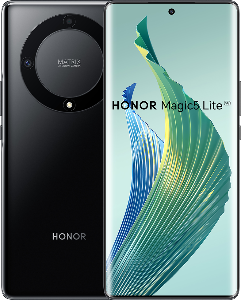 Fekete Honor Magic5 Lite 5G telefon. A telefon hátulján egy kör alakú kameramodul van.
