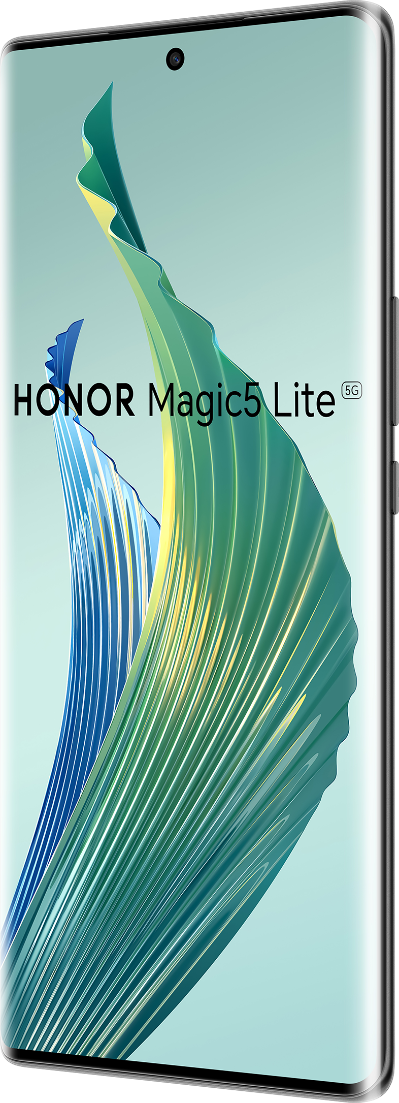 Honor Magic5 Lite 5G telefon. Szögben látható, a képernyőn örvénylő művészettel. Ezüst keret.