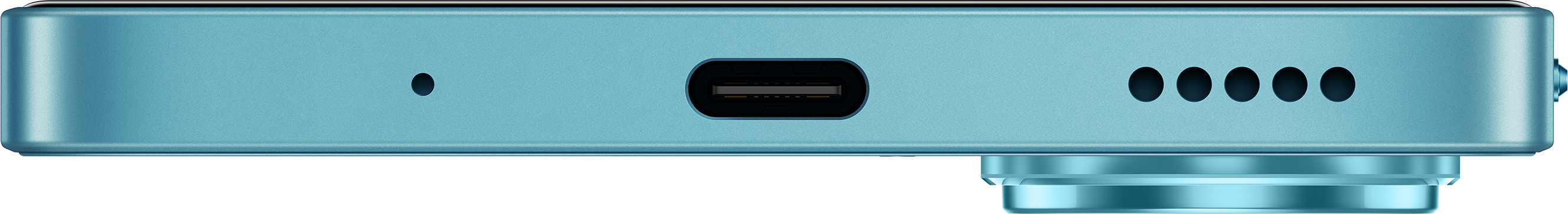 Egy türkiz eszköz széle közelről: mikrofon, USB port, és 5 pont.