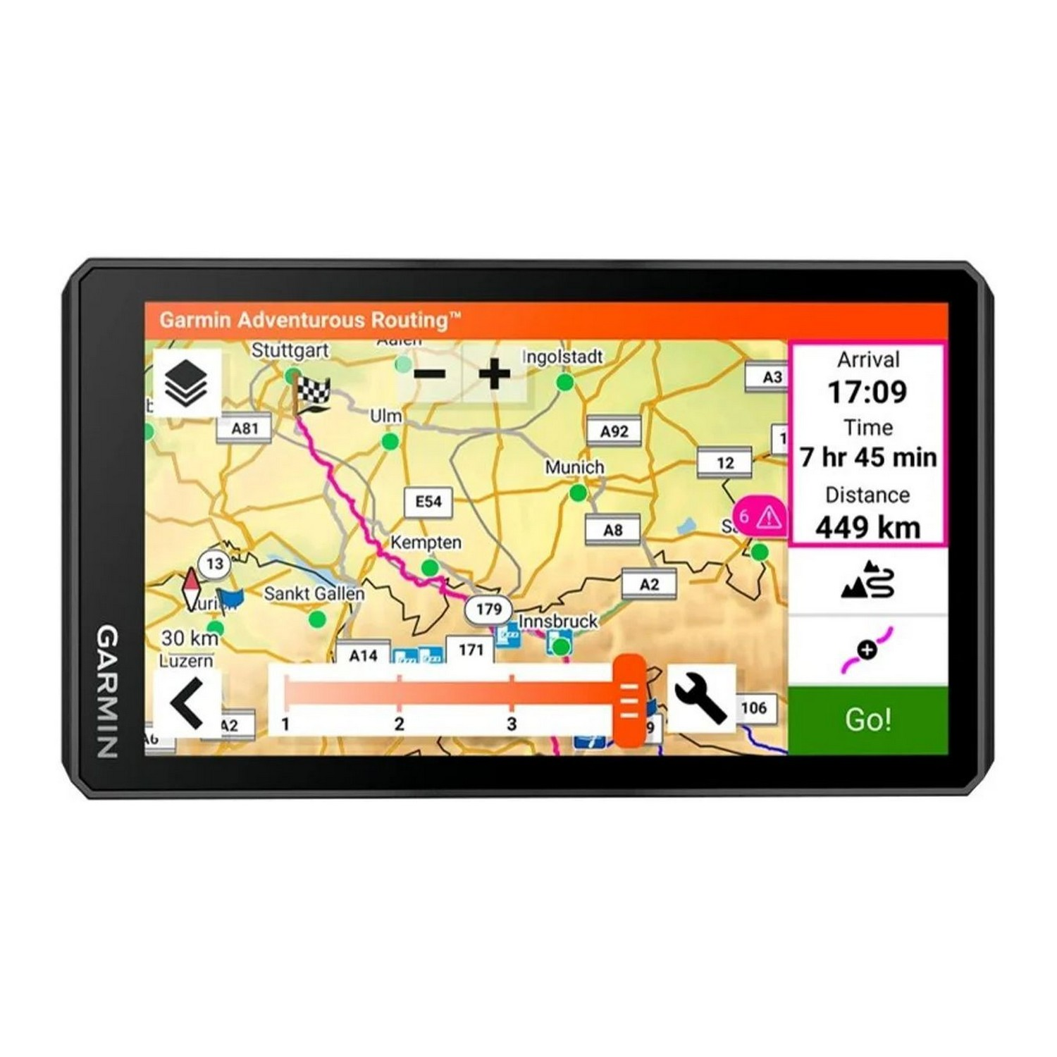 A black Garmin GPS screen displays a route map with directions.