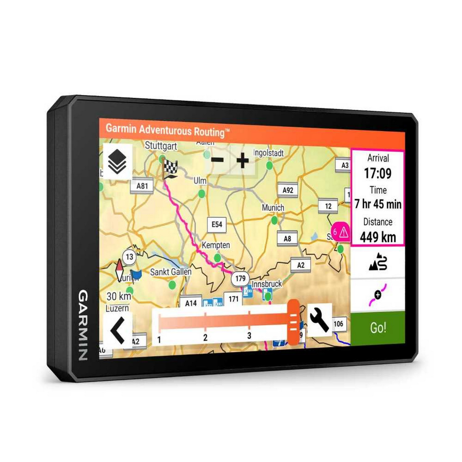 A navigation device with a map showing a route. It displays time, distance, and other information.