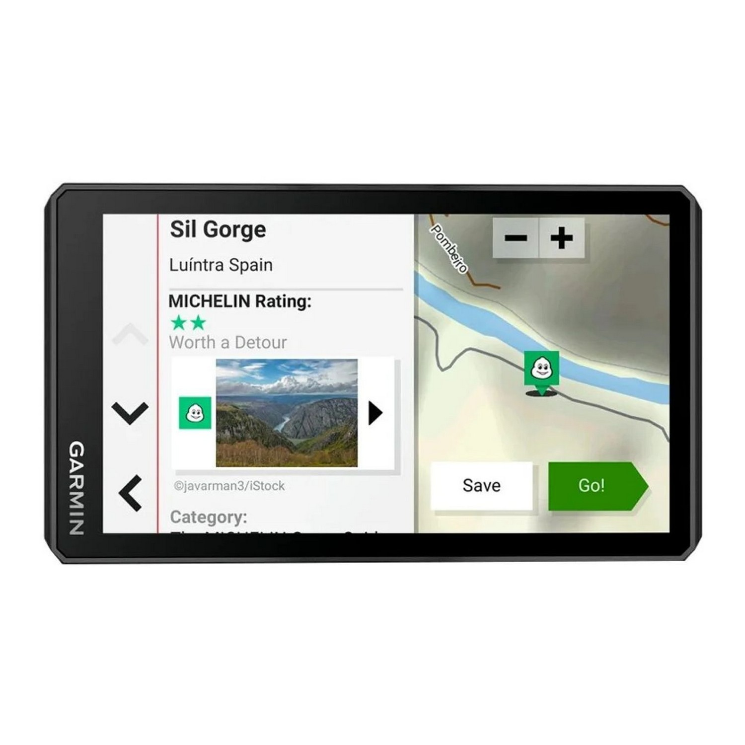 Garmin GPS device displays map of Sil Gorge, Spain, with a route marked. Landscape photo is on the left.