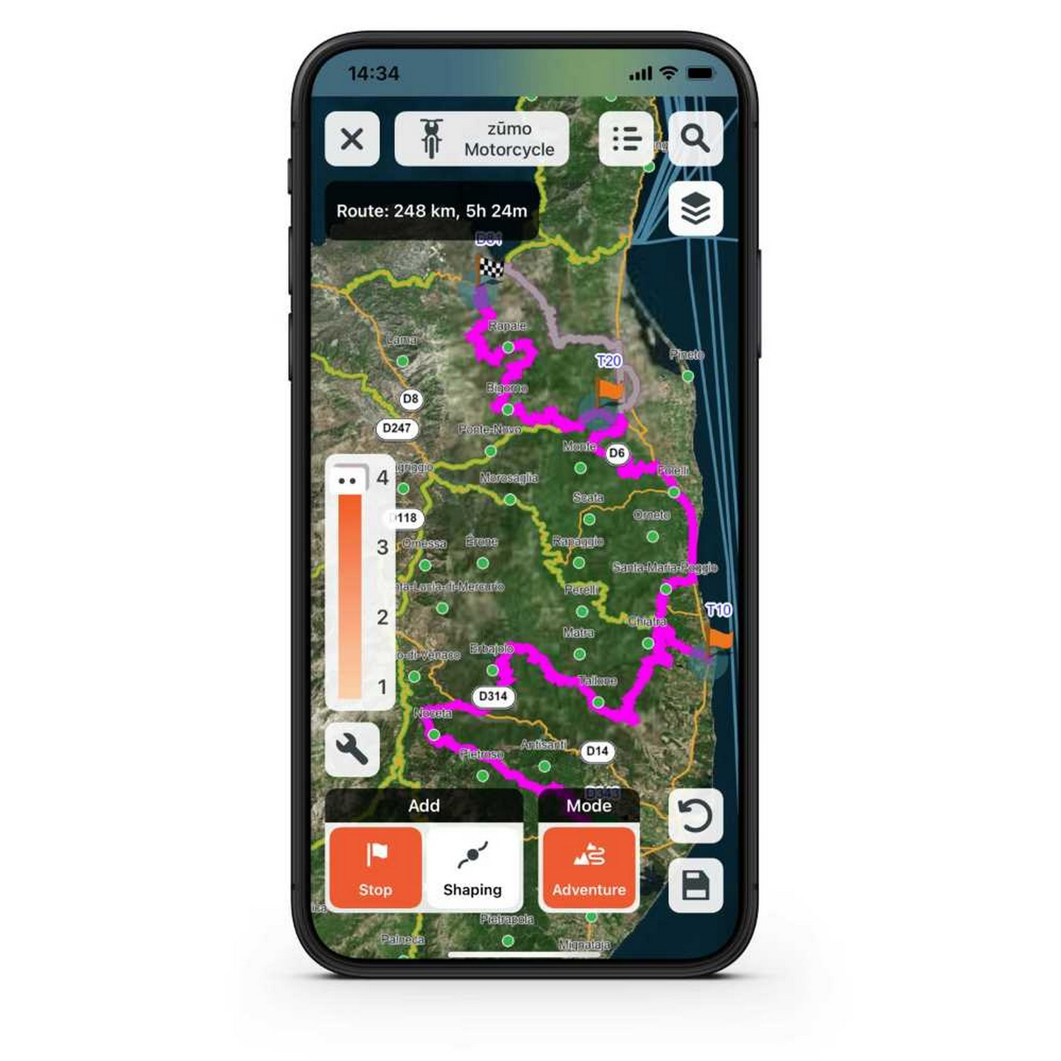 Smartphone displaying a map route. The map shows a route with multiple stops.