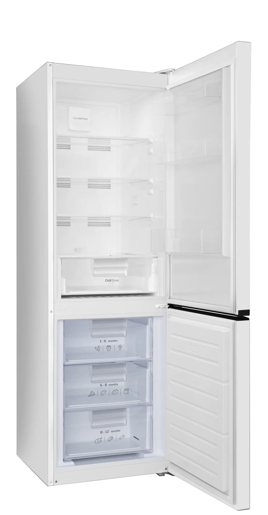 Un refrigerador blanco con la puerta abierta. El interior tiene estantes y cajones. El congelador es visible.