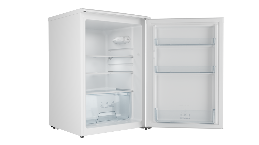 Mini-nevera blanca con la puerta abierta. Se ven estantes interiores y un cajón de verduras.