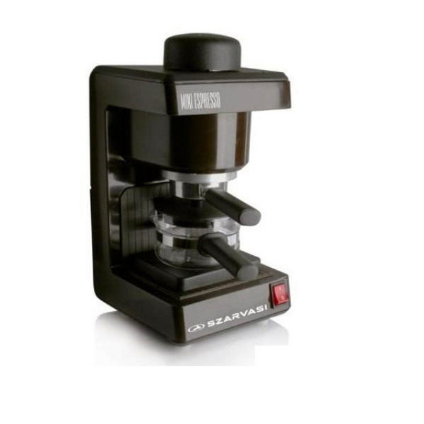 Fekete Mini Espresso gép, piros bekapcsológombbal. Átlátszó üveg kávétartálya van.