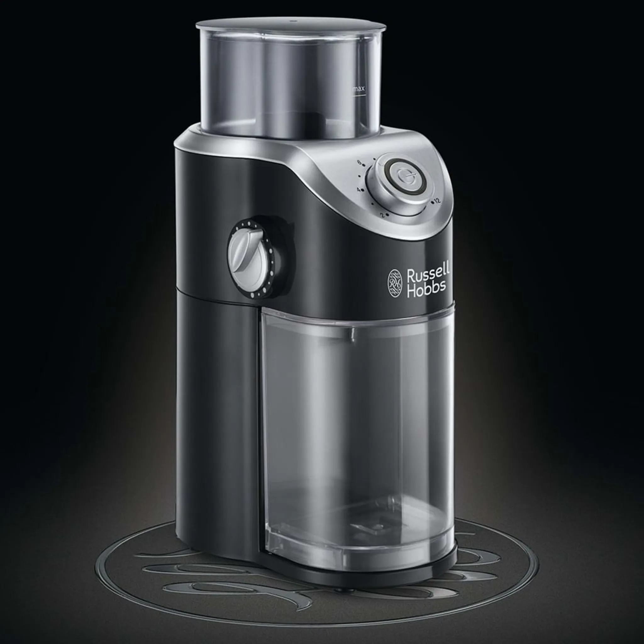 Russell Hobbs kávéőrlő, fekete és ezüst, szögletes nézet.