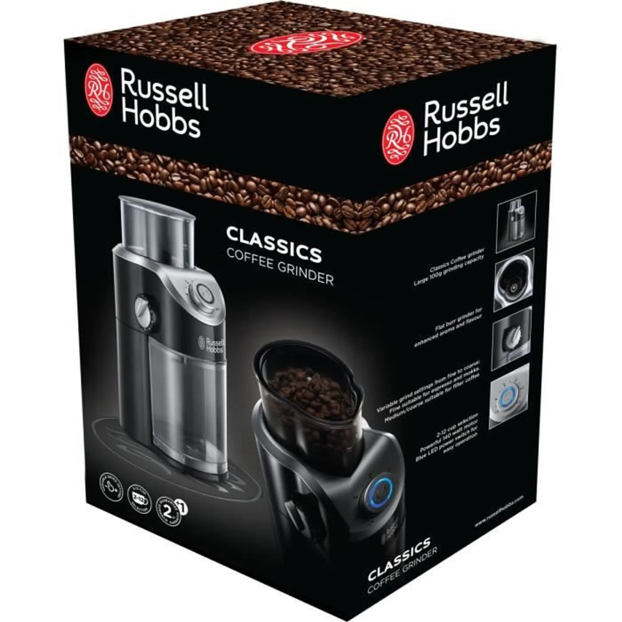 Egy Russell Hobbs kávéőrlő doboza, amely bemutatja a terméket és a funkcióit.