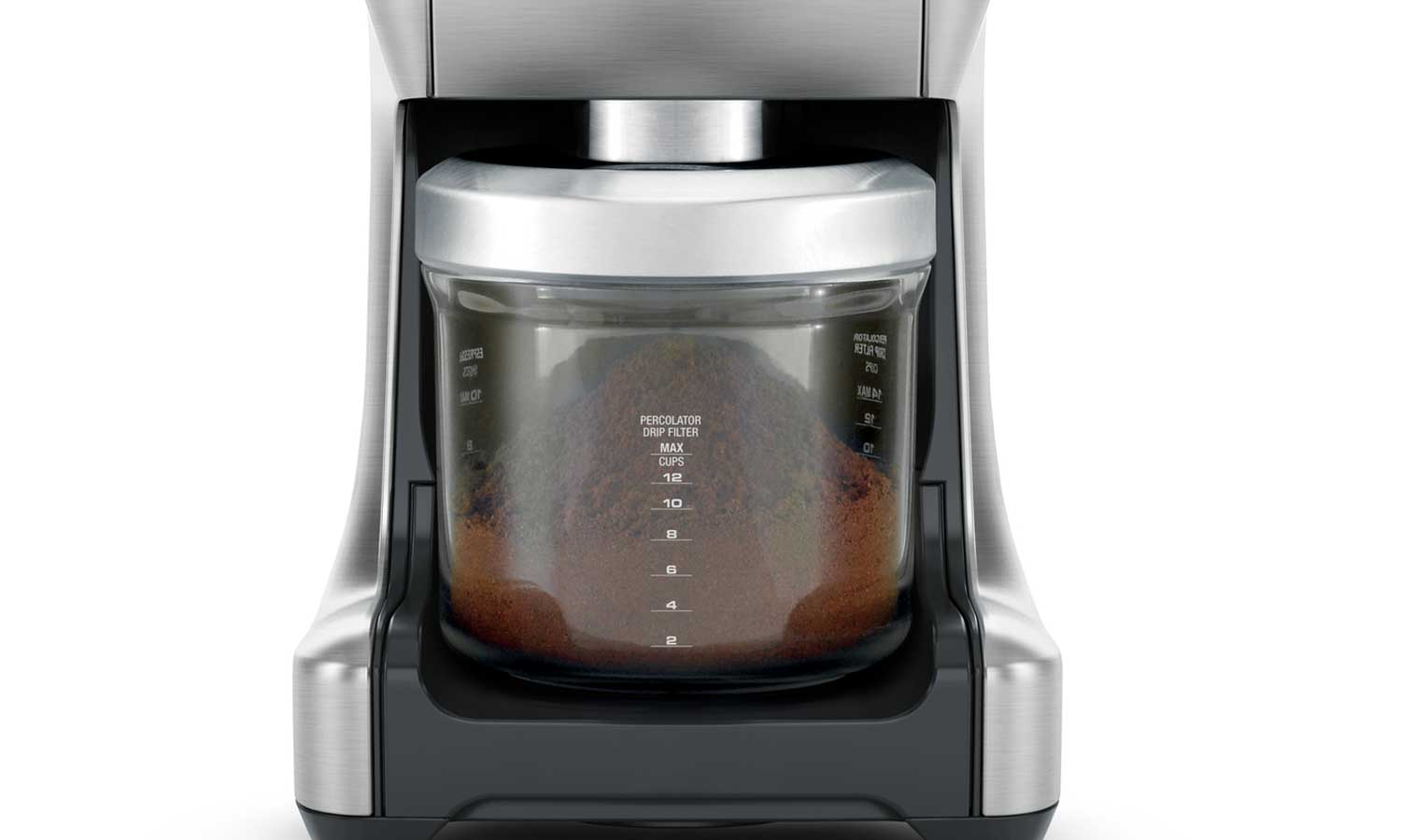 Kávéfőző üvegkancsóval, tele kávézacczal. Ezüst és fekete.