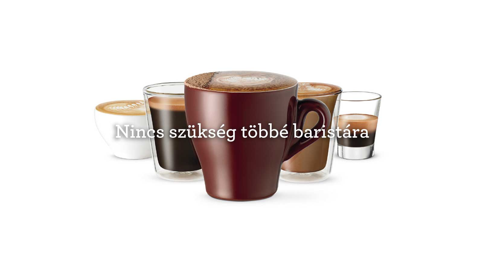 Öt csésze kávé, habművészettel. Szöveg: Nincs többé szükség baristákra.