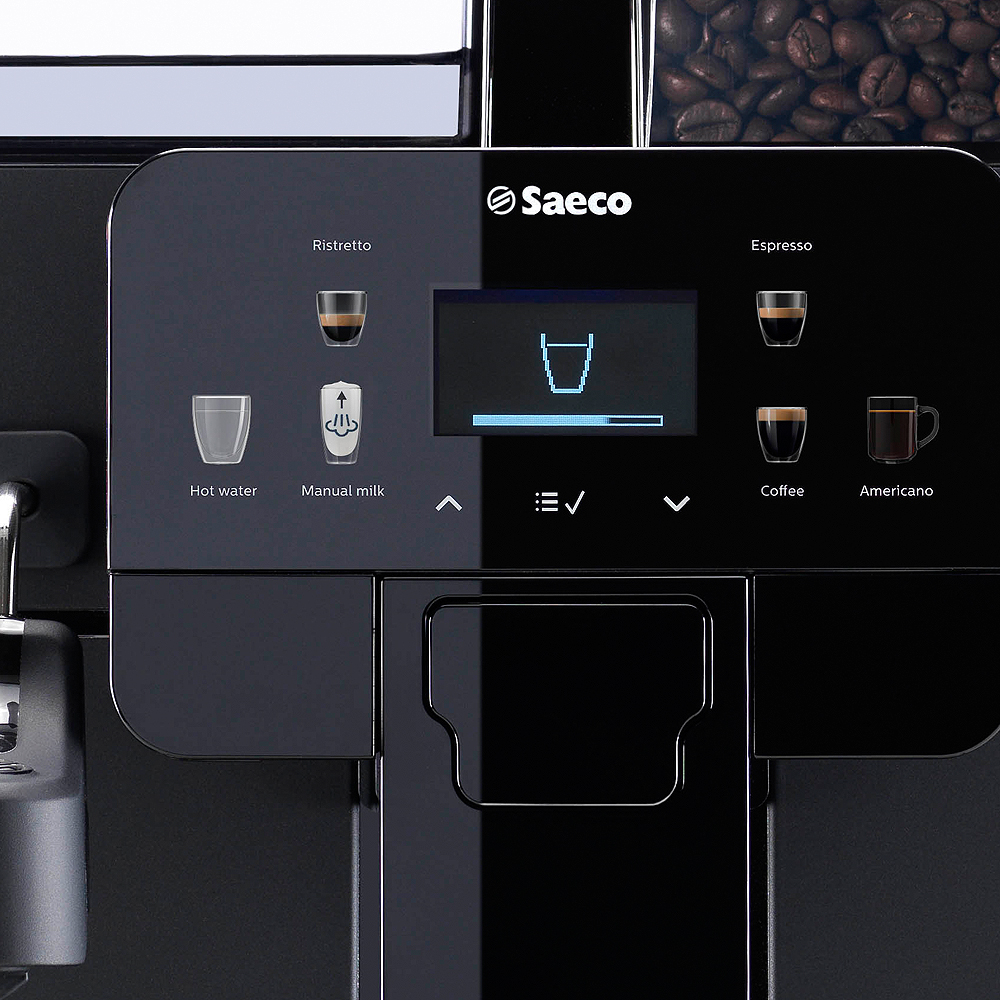 Saeco eszpresszógép, a képernyőn különböző italopciókkal.