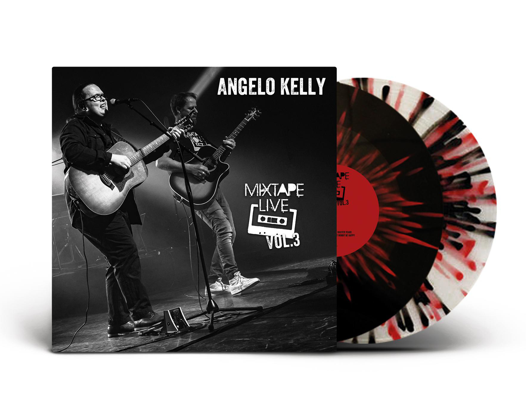 Albumcover mit Angelo Kelly und einem anderen Mann, der Gitarre spielt. Vinylplatte mit roten und weißen Details.