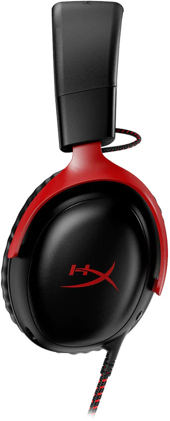 Zwarte en rode gamingheadset met het HyperX-logo, ontworpen voor audio en spraak.