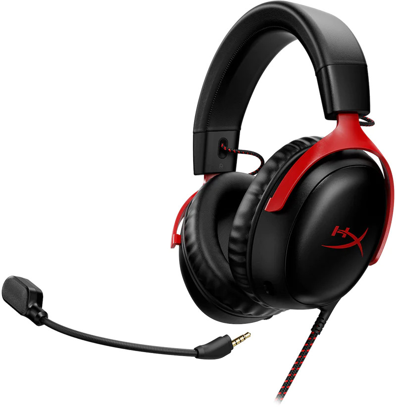 Zwarte en rode gaming headset met een microfoon. De headset staat op een witte achtergrond.
