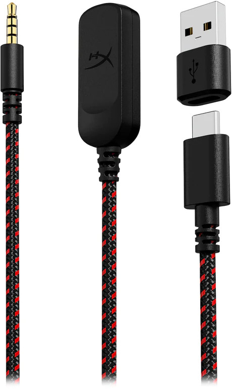 Audiokabels: een 3,5 mm-aansluiting, een zwarte doos en USB-C/USB-kabels.