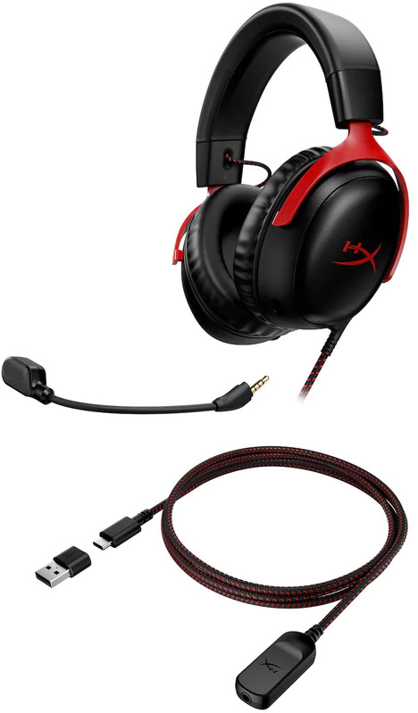 Zwarte en rode gaming headset, afneembare microfoon, twee kabels met USB en audio.