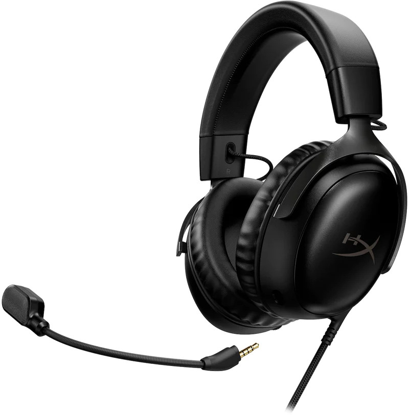 Un casque noir avec un microphone. Un cordon avec une prise dorée est visible.
