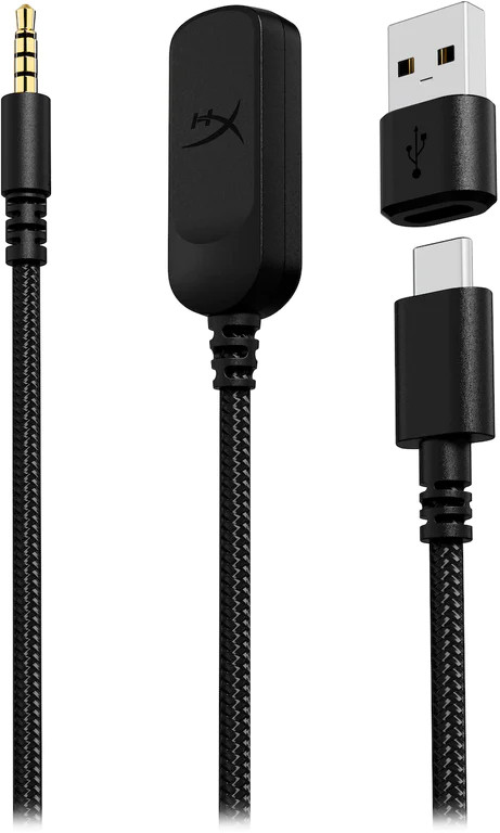 Carte son et câbles HyperX noirs, incluant connecteurs 3,5mm, USB et USB-C.