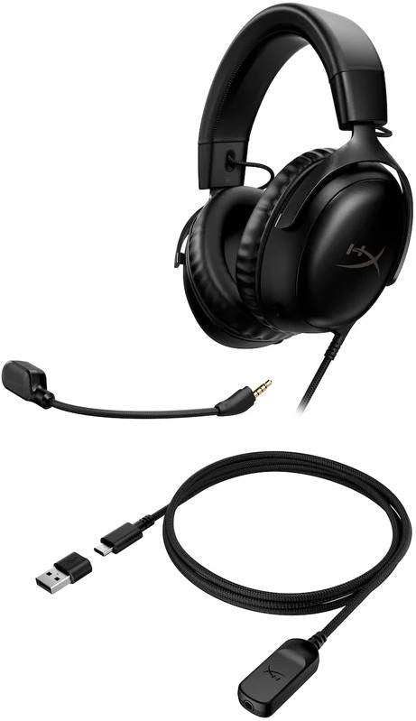 Casque de jeu noir avec microphone et câble USB détachable, isolé sur fond blanc.