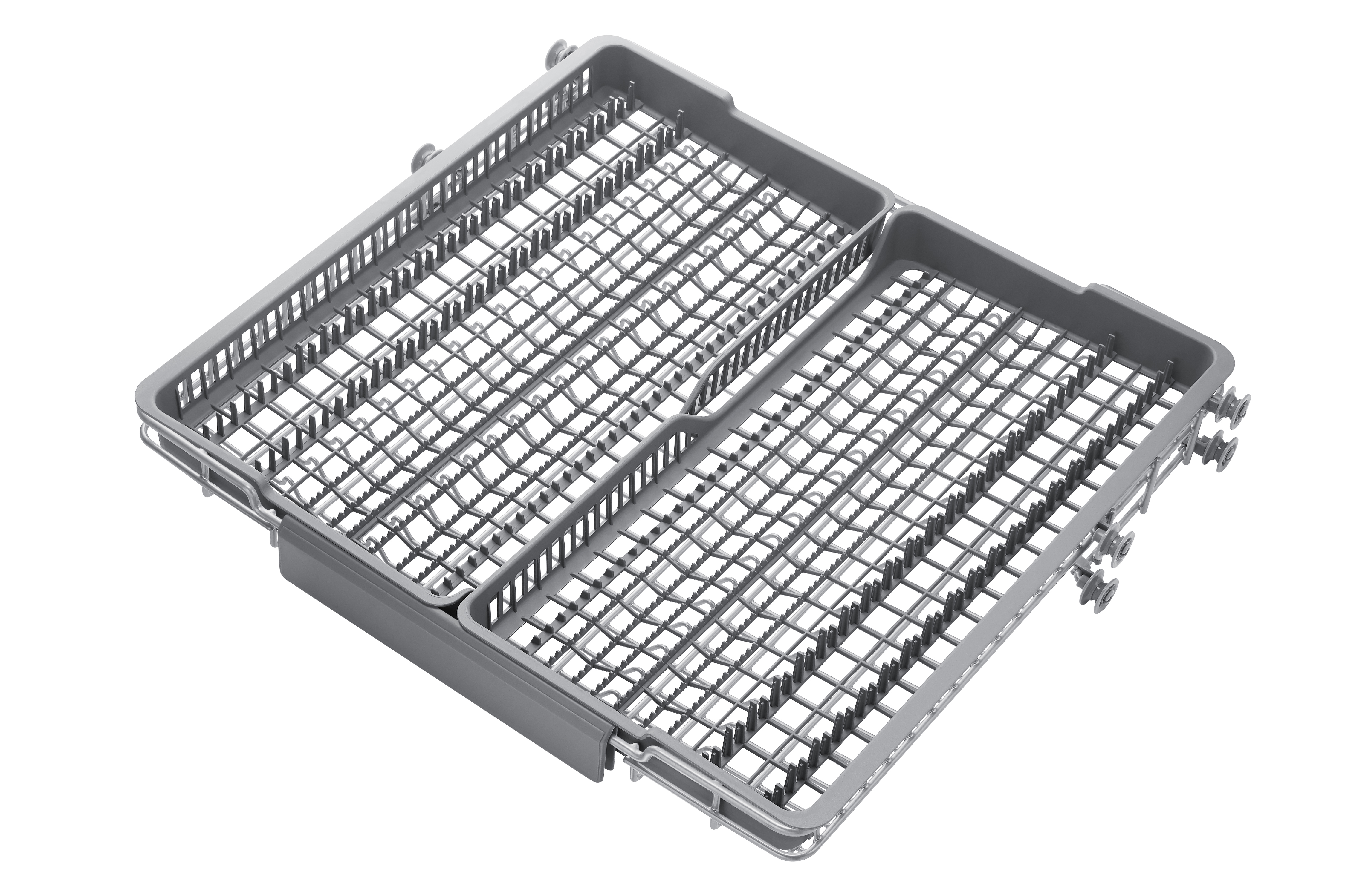 Una cesta gris para lavavajillas, con forma rectangular y muchos cuadrados. Está vacía.