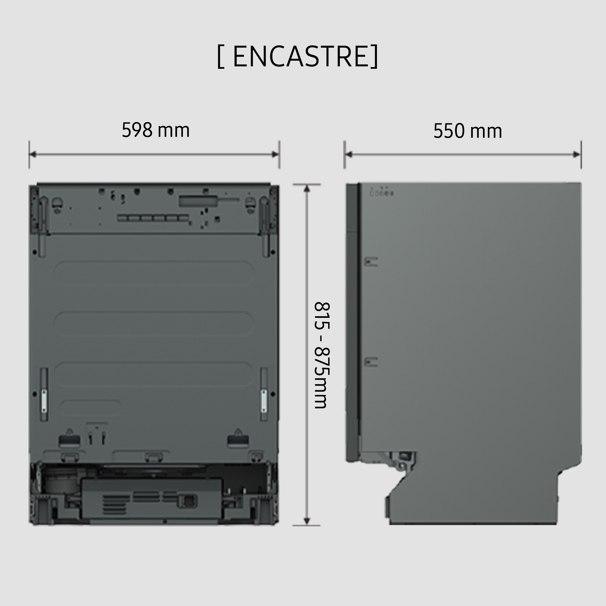 Diagrama de dimensiones de lavavajillas empotrado: 598mm ancho, 815-875mm alto, 550mm profundidad.
