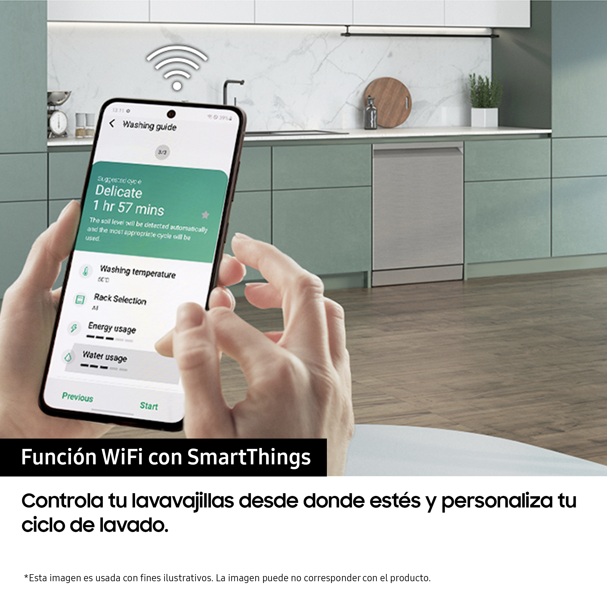 Una persona usa un teléfono para controlar un lavavajillas. El teléfono muestra la configuración de la guía de lavado.