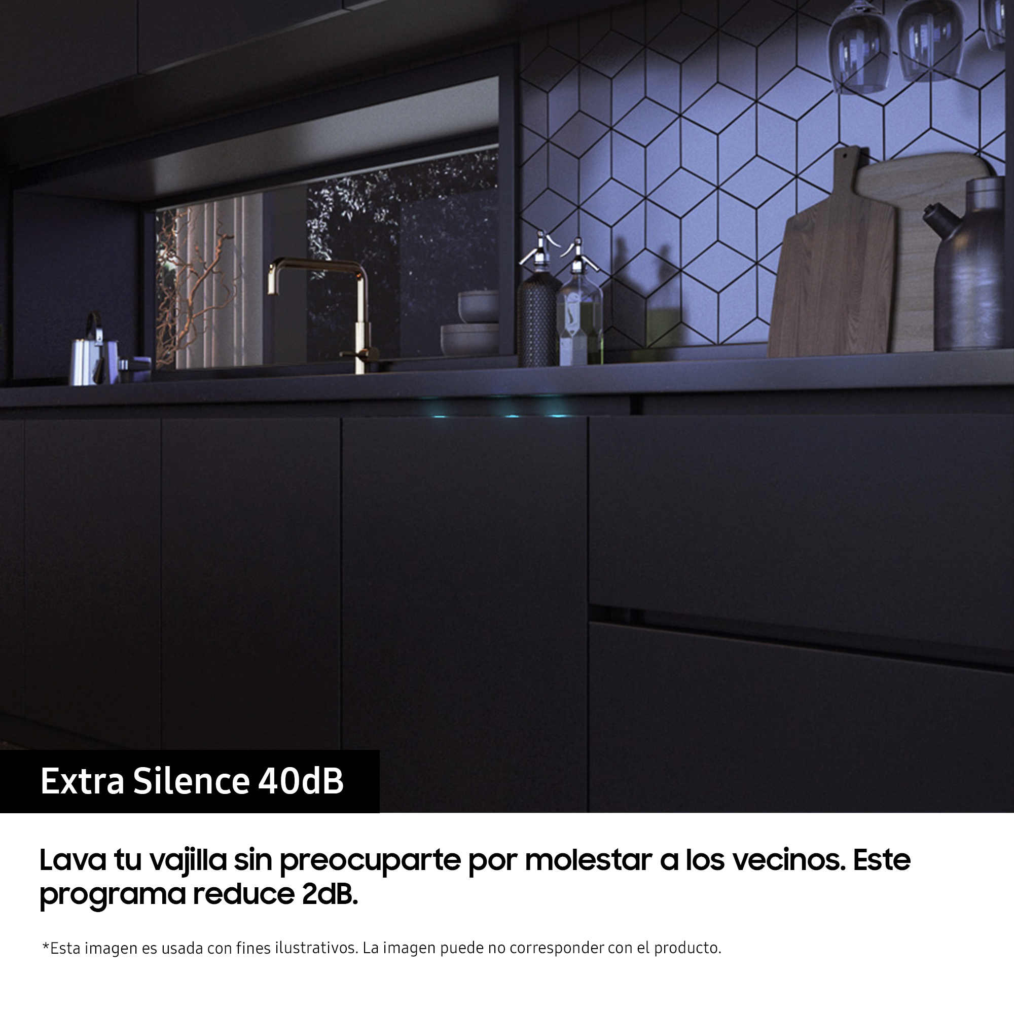 Un interior de cocina moderno con un lavavajillas. El texto dice 'Extra Silence 40dB'.