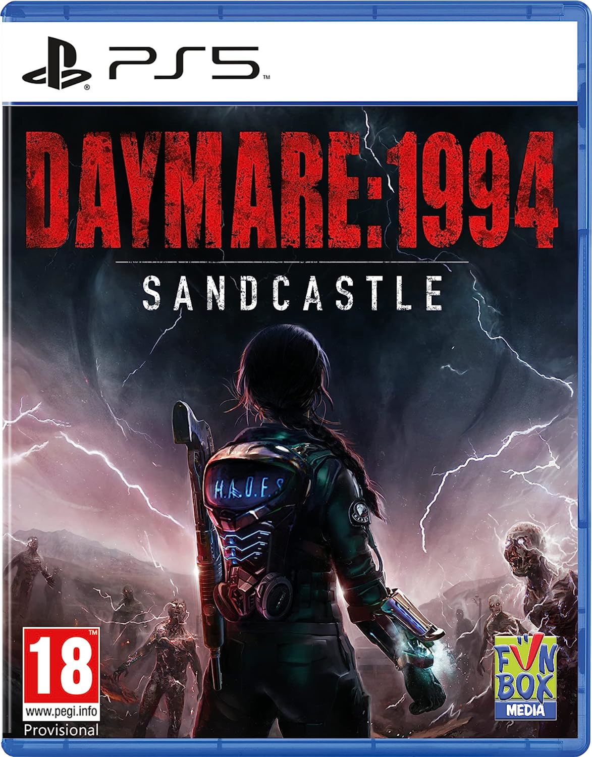 Daymare: 1994 Sandcastle game cover, een vrouw met een geweer, zombies op de achtergrond.