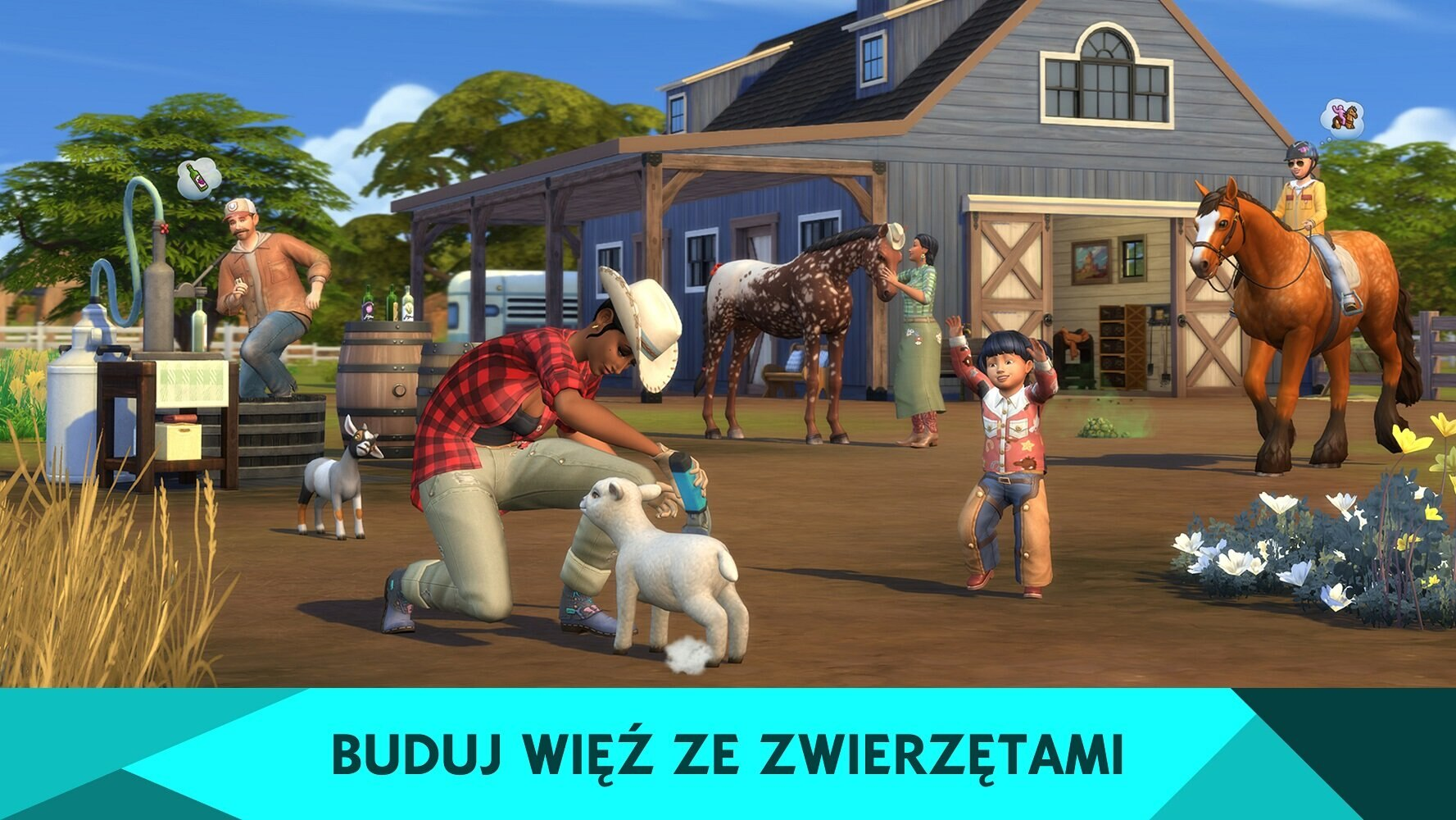 Scena z gry Sims 4: ludzie w gospodarstwie z zwierzętami, budynkami i błękitnym niebem.